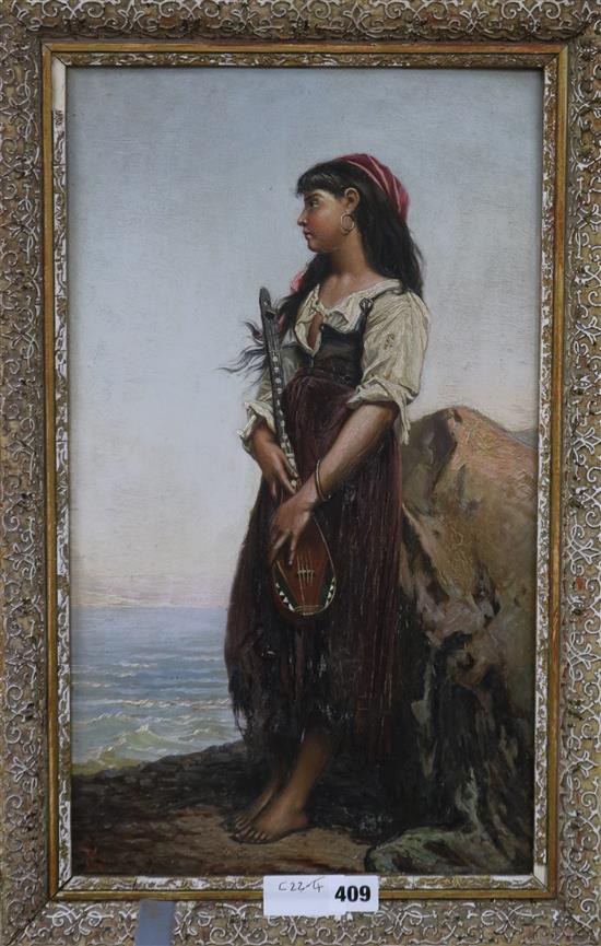 Italian School, oil on board, Girl musician on the sea shore, 50 x 29cm